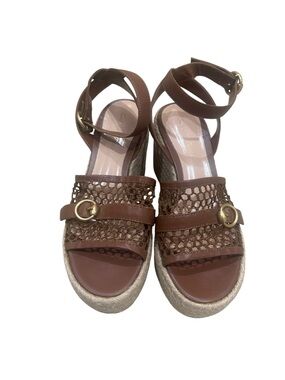 Gianvito Rossi Brown Leather cutout Espadrille Wedge Sandals gold buckles EU 38